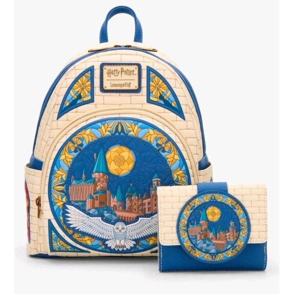 NEW Loungefly Harry Potter Hedwig Hogwarts Stained Glass Mini Backpack & WALLET